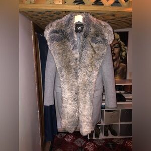 Black Label,size small,Gray men's coat,faux fur trimming.Wool/polyester blend